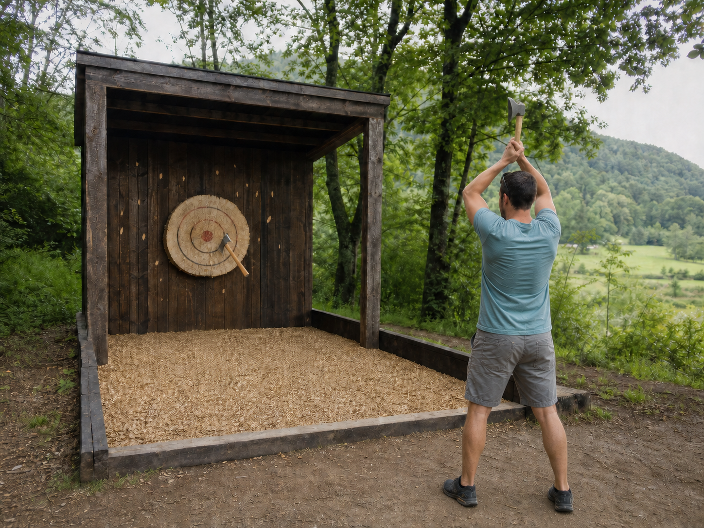 Bacanje sjekira na otvorenom na imanju Secret Garden u Golinji