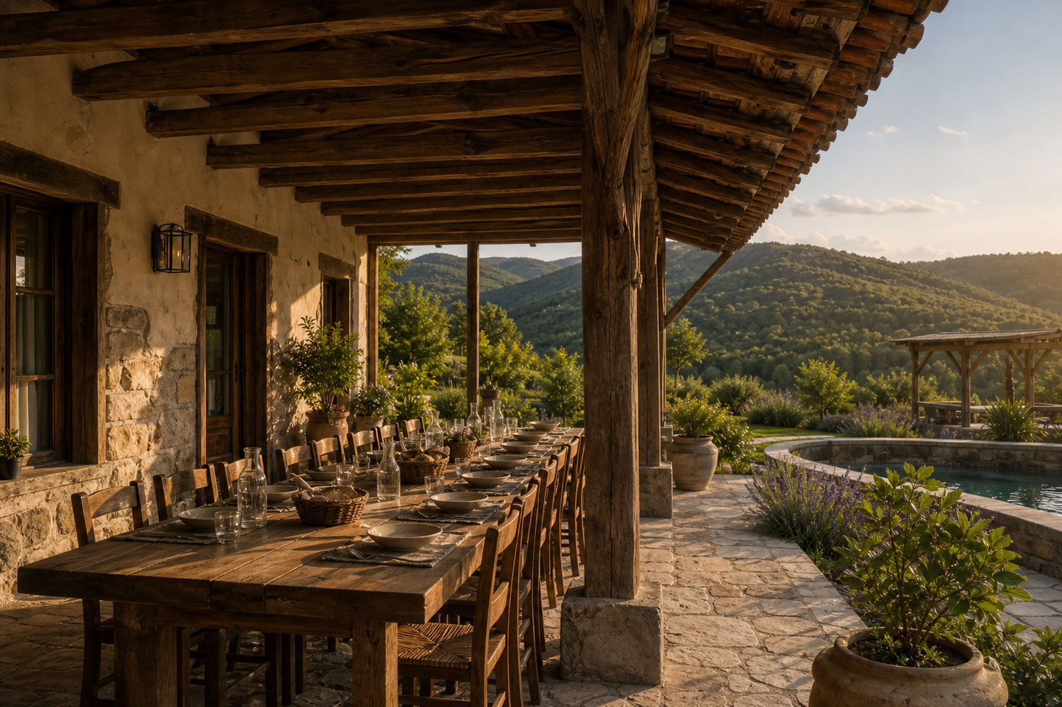 Dugi stol na natkrivenoj terasi imanja Secret Garden u Golinji s pogledom na dolinu