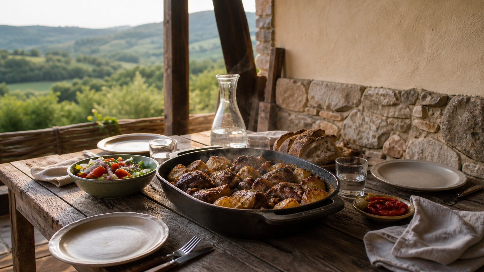 Toplo domaće jelo s prilozima posluženo za ručak na seoskom imanju Secret Garden